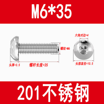 201 Stainless Steel Half-Round Head Hexagon Socket Screws Pan Head Mushroom Head Screws Round Cup Bolts M3M4M5M6M8M10