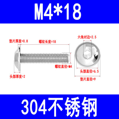 304 Stainless Steel Round Head Hex Socket Head Screws with Washers, Mushroom Head Pan Head Machine Screws M3 M4 M5 M6 M8