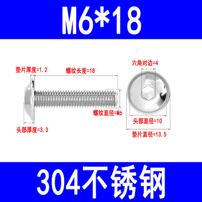 304 Stainless Steel Round Head Hex Socket Head Screws with Washers, Mushroom Head Pan Head Machine Screws M3 M4 M5 M6 M8