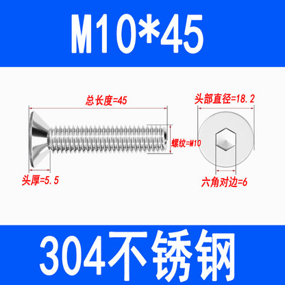 304 Stainless Steel Countersunk Hex Socket Head Screws, Flat Head Hex Socket Machine Screws, Flat Cup Bolts M3 M4 M5 M6 M8 M10