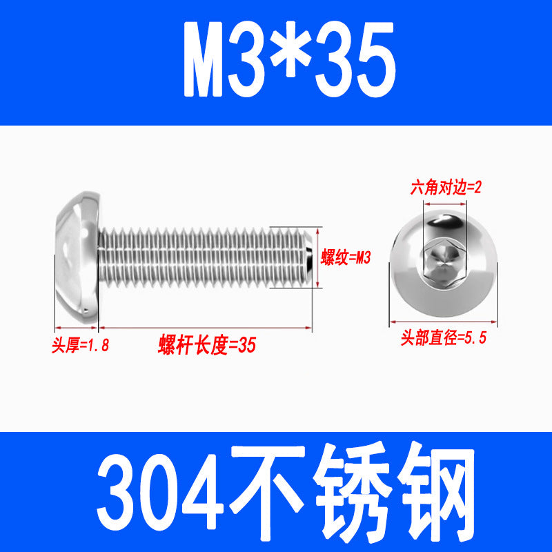 304 Stainless Steel Semi-round Head Hex Socket Head Screws Pan Head Screws Flat Round Head Mushroom Head Bolts M3 M4 M5 M6 M8