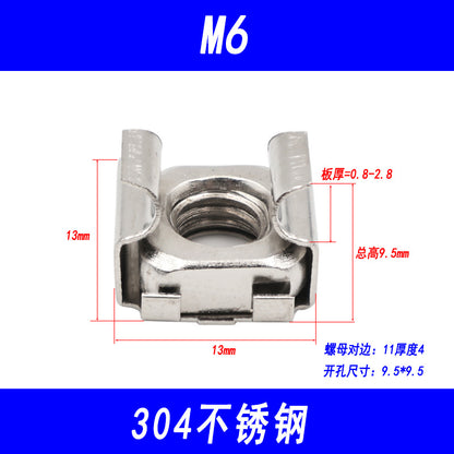 304 Stainless Steel Cage Nut, Floating Cage Nut, Square Clip Cabinet Nut, Galvanized M4, M5, M6, M8, M10