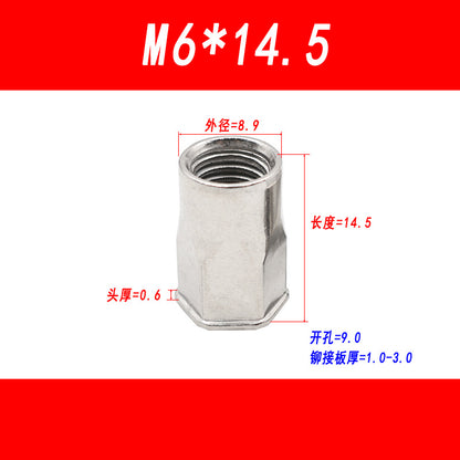 304 stainless steel small-head semi-hexagonal rivet nut, countersunk head inner and outer semi-hexagonal pull nut, pull nut, pull cap