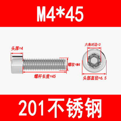 Factory 201 Stainless Steel Hexagon Socket Head Screw Cup Head Bolt Cylindrical Head Screw M3M4M5M6M8M10M12M16