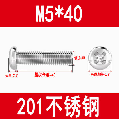 201 Stainless Steel Cross Round Head Screws Pan Head Cross Screws Machine Thread Cross Slot Screws M3M4M5M6M8