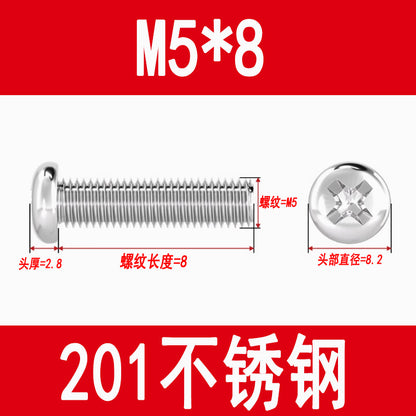201 Stainless Steel Cross Round Head Screws Pan Head Cross Screws Machine Thread Cross Slot Screws M3M4M5M6M8