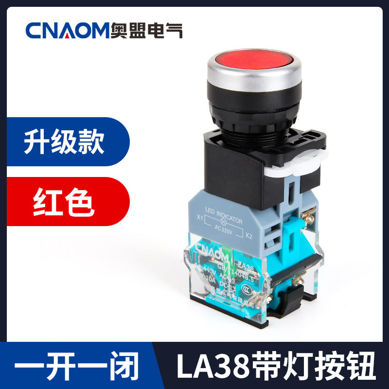 Flat-head illuminated push-button switch LA38-11D, illuminated control button LA38-11DN, self-resetting 22mm