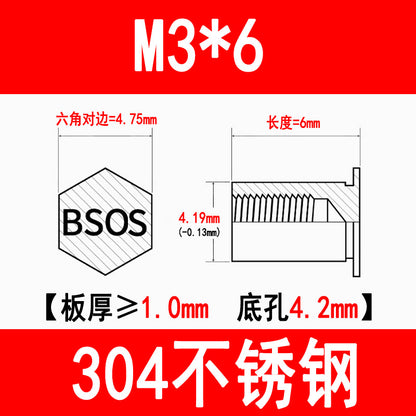 304 Stainless Steel Blind Hole Press-fit Nut Post Hexagonal Press-fit Stud Press Plate Press-fit Post BSOS-M3M4M5M6