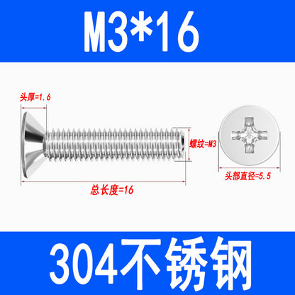 304 Stainless Steel Phillips Countersunk Head Screws, Phillips Recessed Flat Head Screws, Machine Thread Screws M2 M3 M4 M5 M6 M8