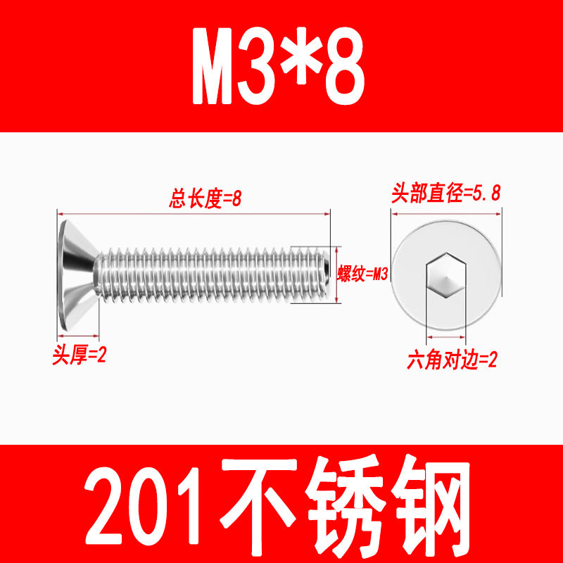 201 Stainless Steel Countersunk Head Hexagonal Screws Flat Head Screws Machine Thread Flat Cup Bolts M3M4M5M6M8M10M12