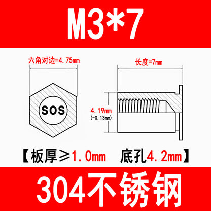304 Stainless Steel Through-Hole Press-Fit Nut Post, Hexagonal Press-Fit Stud, Sheet Metal Press Plate Post, SOS-M3M4M5M6