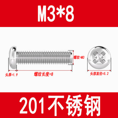 201 Stainless Steel Cross Round Head Screws Pan Head Cross Screws Machine Thread Cross Slot Screws M3M4M5M6M8