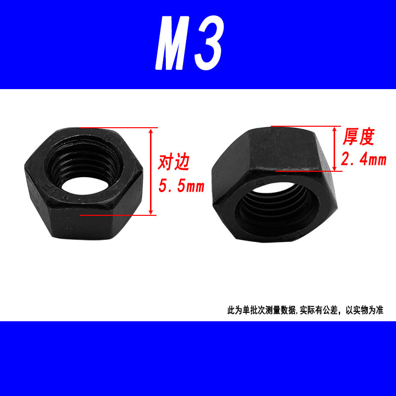 Black 8.8 grade hexagonal nut, high strength, external hexagonal screw cap, fine thread M6, M8, M10, M12, M16, M20