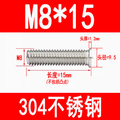 PT type 304 stainless steel welded screws, including welded studs, spot welded studs, and welded bolts (M3, M4, M5, M6, M8).