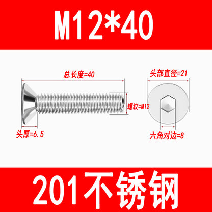 201 Stainless Steel Countersunk Head Hexagonal Screws Flat Head Screws Machine Thread Flat Cup Bolts M3M4M5M6M8M10M12