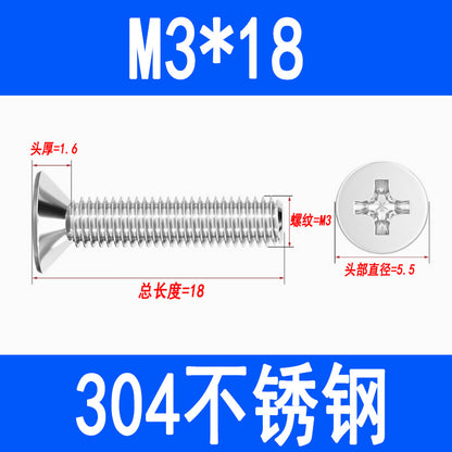 304 Stainless Steel Phillips Countersunk Head Screws, Phillips Recessed Flat Head Screws, Machine Thread Screws M2 M3 M4 M5 M6 M8