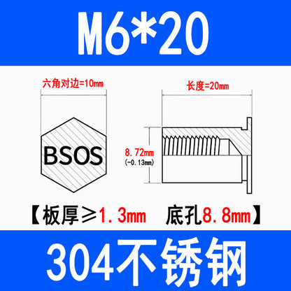 304 Stainless Steel Blind Hole Press-fit Nut Post Hexagonal Press-fit Stud Press Plate Press-fit Post BSOS-M3M4M5M6