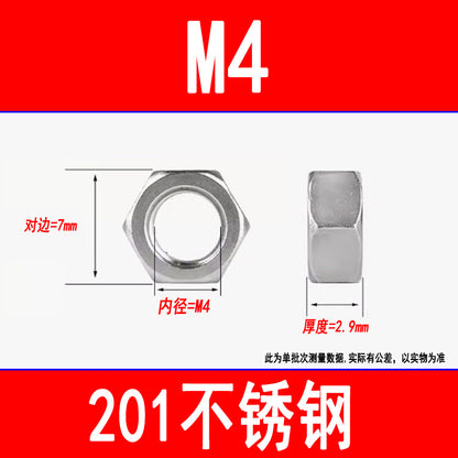 201 Stainless Steel Hexagonal Nut Screw Cap External Hexagonal Locking Nut M3M4M5M6M8M10M12M16M20