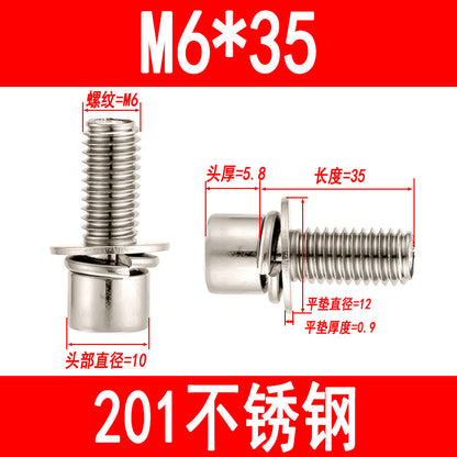 201 Stainless Steel Hexagon Combination Screws Cylindrical Head Screws with Flat Elastic Washer Bolts M3M4M5M6M8