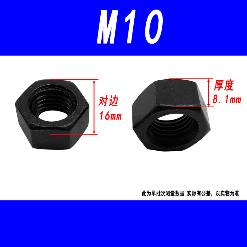Black 8.8 grade hexagonal nut, high strength, external hexagonal screw cap, fine thread M6, M8, M10, M12, M16, M20
