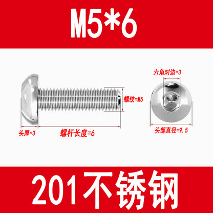 201 Stainless Steel Half-Round Head Hexagon Socket Screws Pan Head Mushroom Head Screws Round Cup Bolts M3M4M5M6M8M10