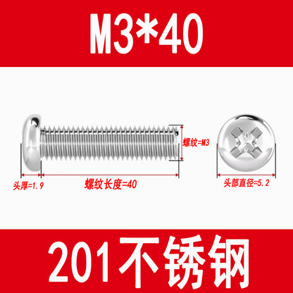 201 Stainless Steel Cross Round Head Screws Pan Head Cross Screws Machine Thread Cross Slot Screws M3M4M5M6M8