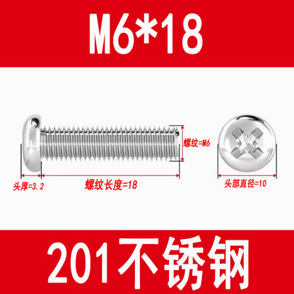 201 Stainless Steel Cross Round Head Screws Pan Head Cross Screws Machine Thread Cross Slot Screws M3M4M5M6M8