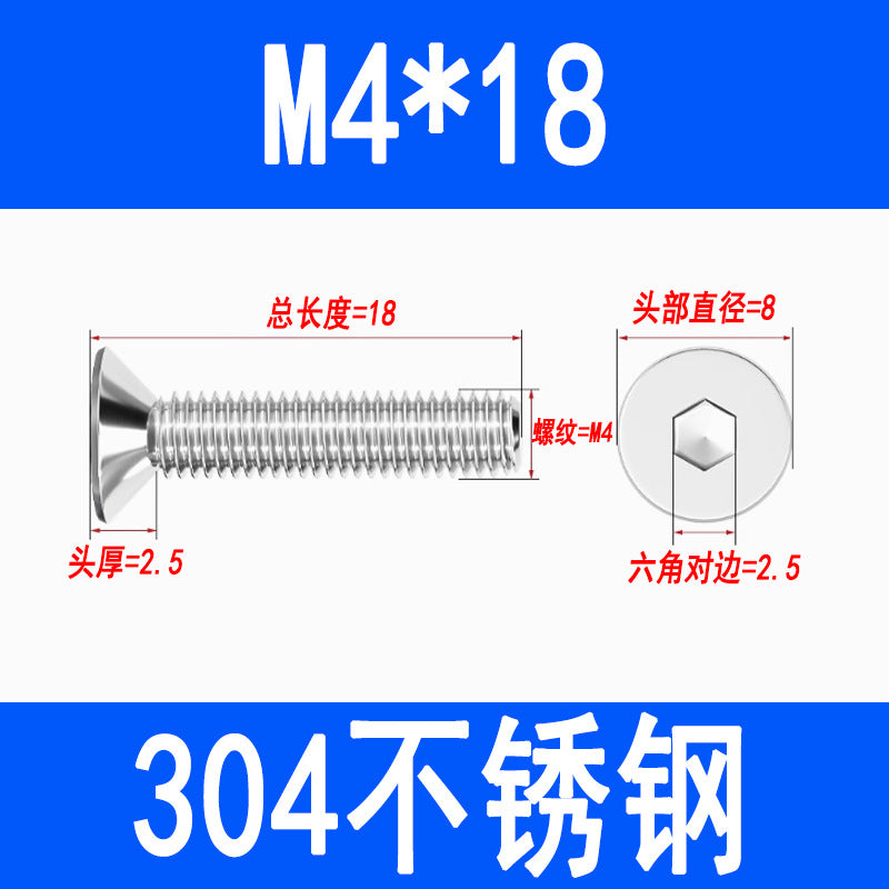 304 Stainless Steel Countersunk Hex Socket Head Screws, Flat Head Hex Socket Machine Screws, Flat Cup Bolts M3 M4 M5 M6 M8 M10