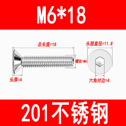 201 Stainless Steel Countersunk Head Hexagonal Screws Flat Head Screws Machine Thread Flat Cup Bolts M3M4M5M6M8M10M12