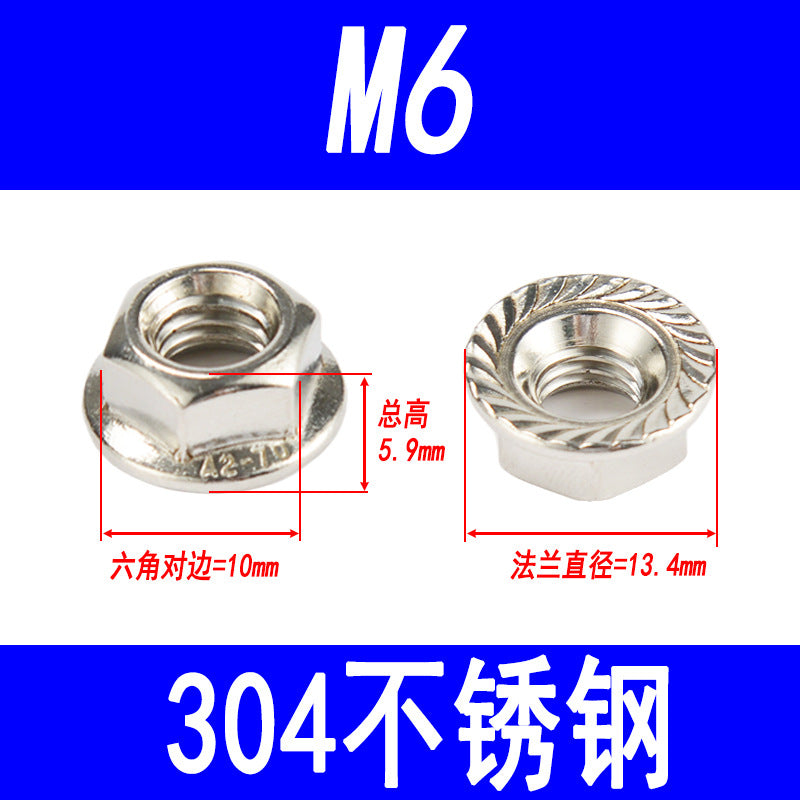 304 Stainless Steel Flange Nuts, Hexagonal with Washer, Anti-slip and Anti-loosening Nuts, M3 M4 M5 M6 M8 M10 M12 M16