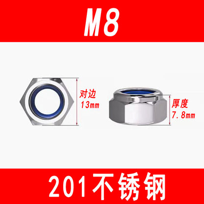 201 Stainless Steel Nylon Anti-Loosening Nut Hexagonal Nylon Locking Nut Anti-Slip Nut M3M4M5M6M8M10