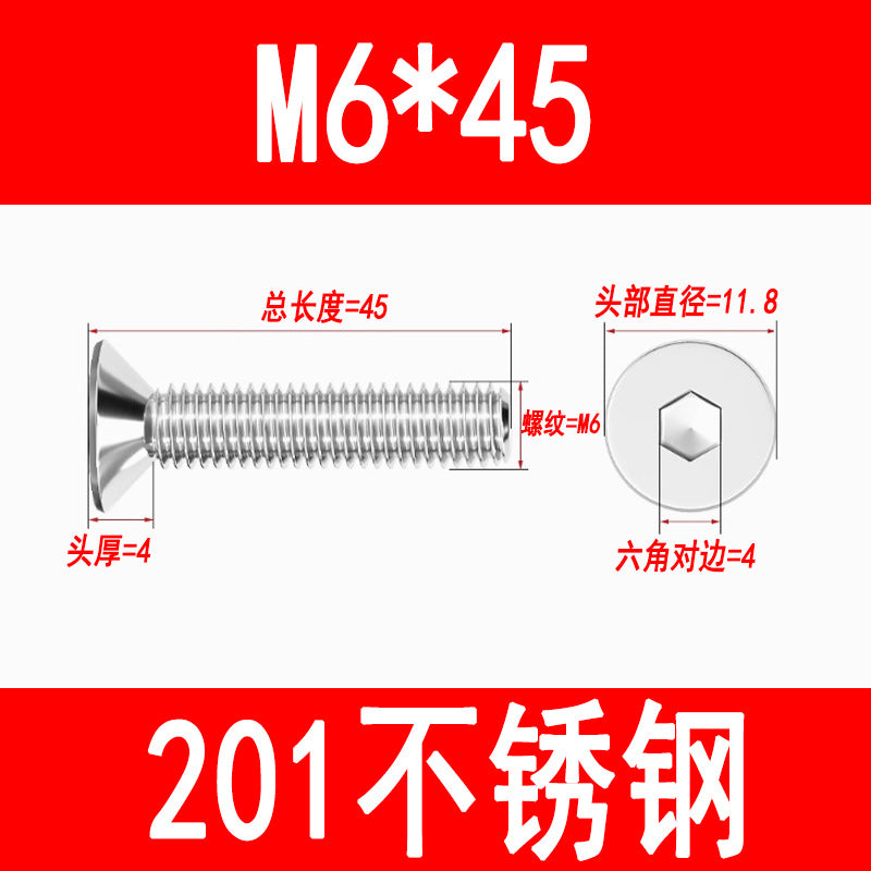 201 Stainless Steel Countersunk Head Hexagonal Screws Flat Head Screws Machine Thread Flat Cup Bolts M3M4M5M6M8M10M12