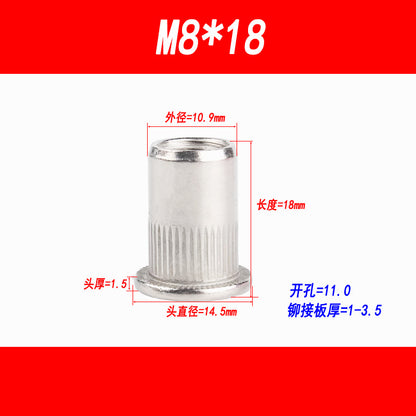 304 Stainless Steel Flat Head Rivet Nut with Vertical Thread, Column Thread, Rivet Nut, Rivet Thread ... M3, M4, M5, M6, M8, M10