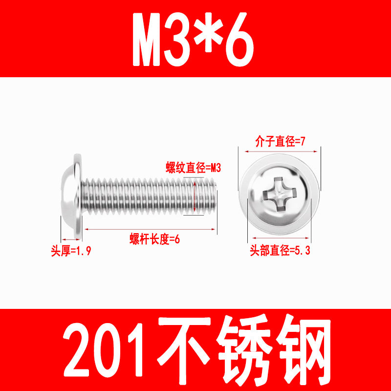 201/304 Stainless Steel Phillips Head Round Head Screw with Washer PWM Machine Screw Pan Head Phillips Head Machine Screw M3 M4 M5
