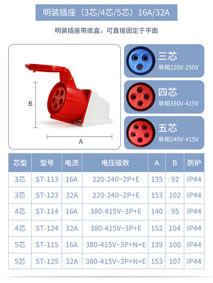 Waterproof industrial plugs and sockets, 3-pin, 4-pin, 5-pin, 16A/32A male and female connectors, waterproof and dustproof aviation plugs and sockets.