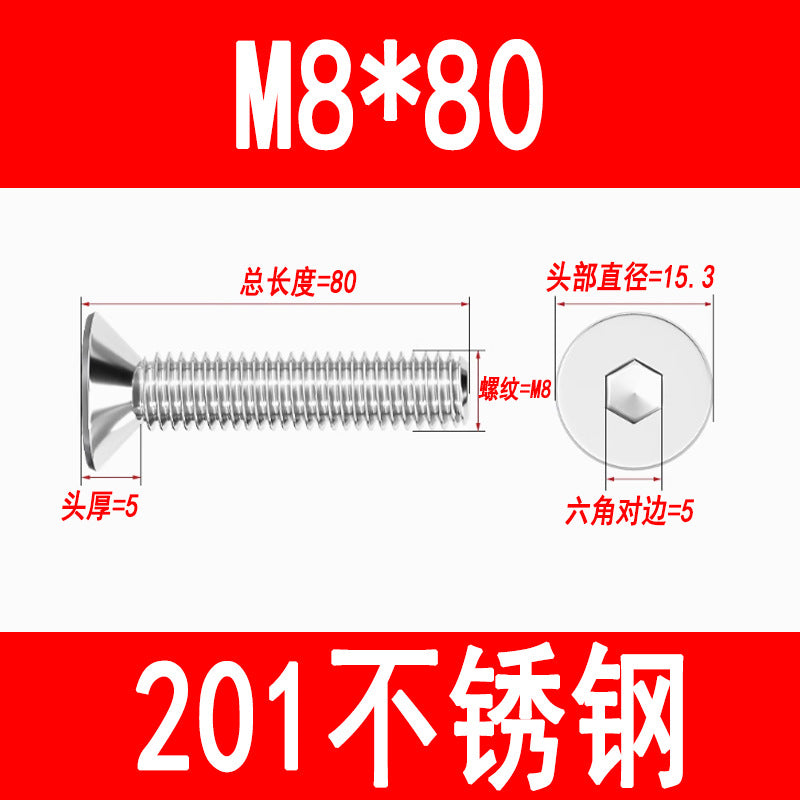 Manufacturer 201 Stainless Steel Countersunk Head Hexagonal Screws Flat Head Screws Machine Screws Flat Cup Bolts M5M6M8M10