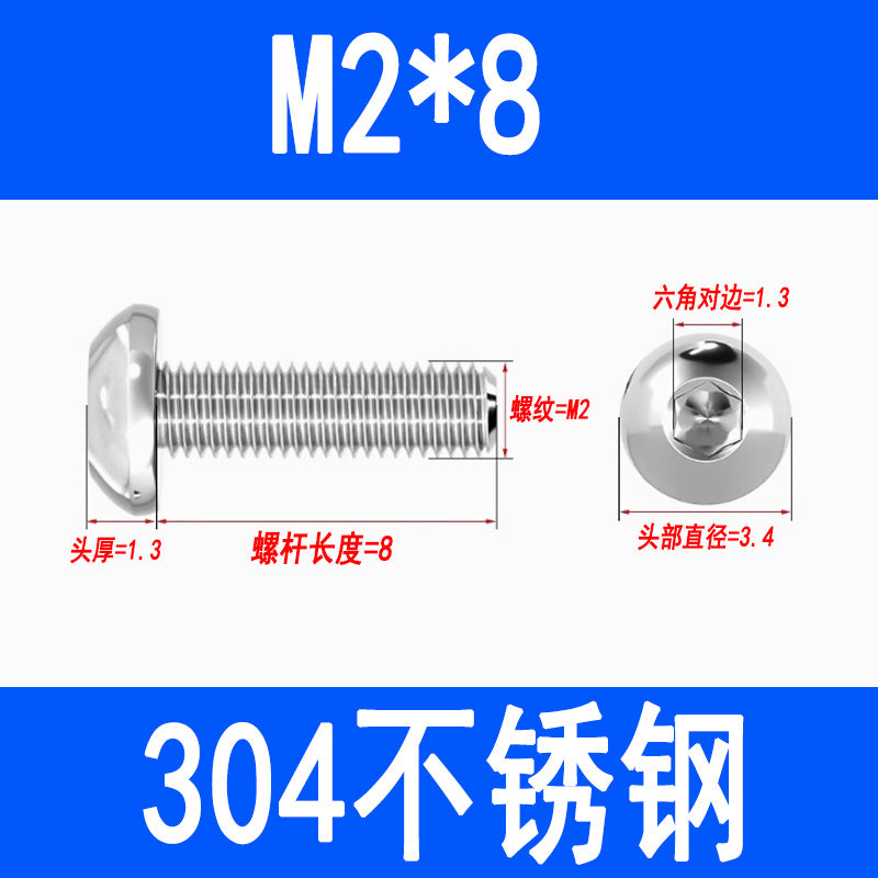 304 Stainless Steel Semi-round Head Hex Socket Head Screws Pan Head Screws Flat Round Head Mushroom Head Bolts M3 M4 M5 M6 M8
