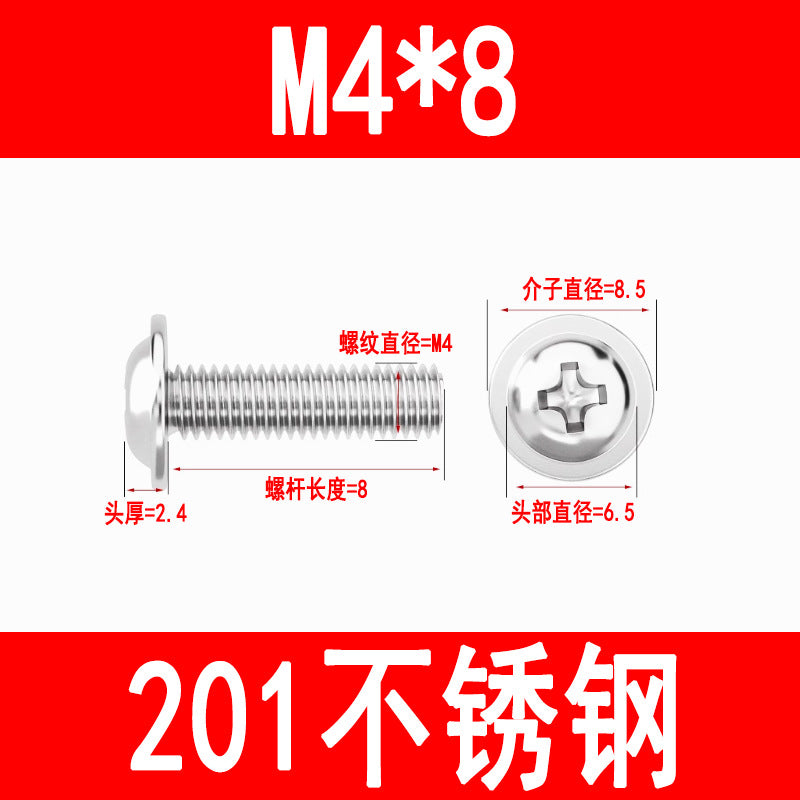 201/304 Stainless Steel Phillips Head Round Head Screw with Washer PWM Machine Screw Pan Head Phillips Head Machine Screw M3 M4 M5