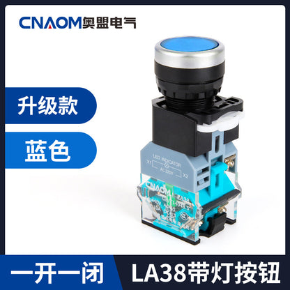 Flat-head illuminated push-button switch LA38-11D, illuminated control button LA38-11DN, self-resetting 22mm