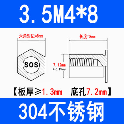 304 Stainless Steel Through-Hole Press-Fit Nut Post, Hexagonal Press-Fit Stud, Sheet Metal Press Plate Post, SOS-M3M4M5M6