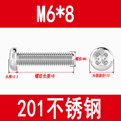 201 Stainless Steel Cross Round Head Screws Pan Head Cross Screws Machine Thread Cross Slot Screws M3M4M5M6M8