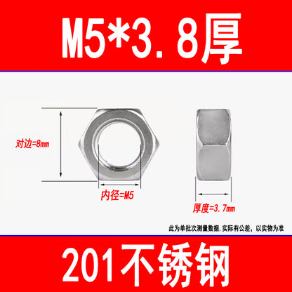 201 Stainless Steel Hexagonal Nut Screw Cap External Hexagonal Locking Nut M3M4M5M6M8M10M12M16M20