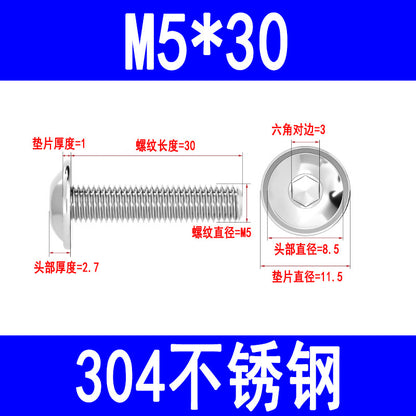 304 Stainless Steel Round Head Hex Socket Head Screws with Washers, Mushroom Head Pan Head Machine Screws M3 M4 M5 M6 M8