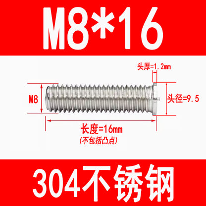 PT type 304 stainless steel welded screws, including welded studs, spot welded studs, and welded bolts (M3, M4, M5, M6, M8).
