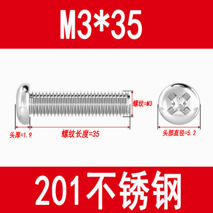 201 Stainless Steel Cross Round Head Screws Pan Head Cross Screws Machine Thread Cross Slot Screws M3M4M5M6M8
