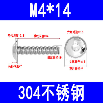 304 Stainless Steel Round Head Hex Socket Head Screws with Washers, Mushroom Head Pan Head Machine Screws M3 M4 M5 M6 M8