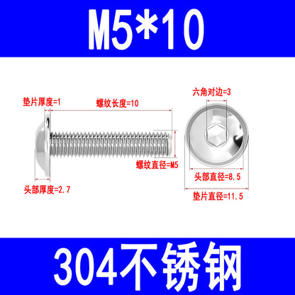 304 Stainless Steel Round Head Hex Socket Head Screws with Washers, Mushroom Head Pan Head Machine Screws M3 M4 M5 M6 M8
