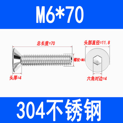 304 Stainless Steel Countersunk Hex Socket Head Screws, Flat Head Hex Socket Machine Screws, Flat Cup Bolts M3 M4 M5 M6 M8 M10