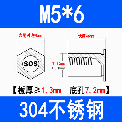 304 Stainless Steel Through-Hole Press-Fit Nut Post, Hexagonal Press-Fit Stud, Sheet Metal Press Plate Post, SOS-M3M4M5M6