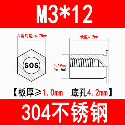 304 Stainless Steel Through-Hole Press-Fit Nut Post, Hexagonal Press-Fit Stud, Sheet Metal Press Plate Post, SOS-M3M4M5M6